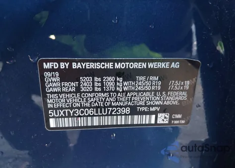 2020 BMW X3 Sdrive30I z USA, uszkodzony, nr VIN 5UXTY3C06LLU72398